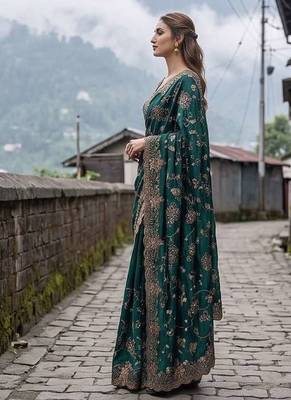Green satin embroidered sequins work heavy look ethnic saree with blouse 2