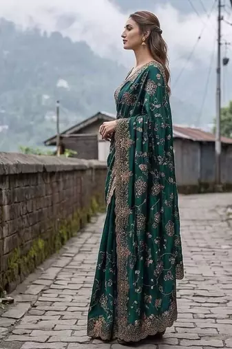 Green satin embroidered sequins work heavy look ethnic saree with blouse