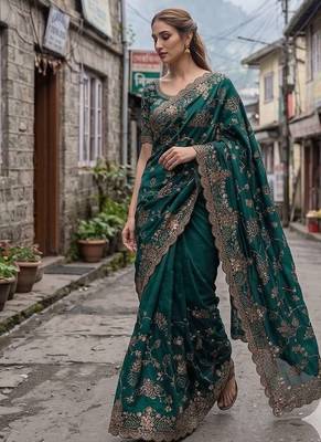 Green satin embroidered sequins work heavy look ethnic saree with blouse 3