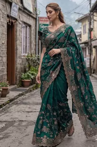 Green satin embroidered sequins work heavy look ethnic saree with blouse