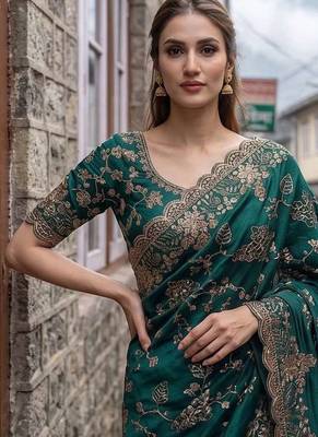 Green satin embroidered sequins work heavy look ethnic saree with blouse 4
