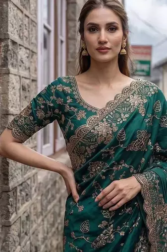 Green satin embroidered sequins work heavy look ethnic saree with blouse
