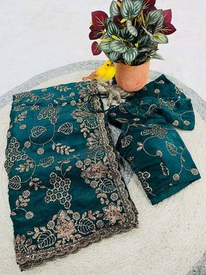 Green satin embroidered sequins work heavy look ethnic saree with blouse 5