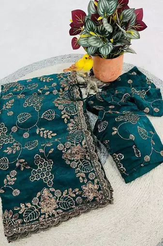 Green satin embroidered sequins work heavy look ethnic saree with blouse