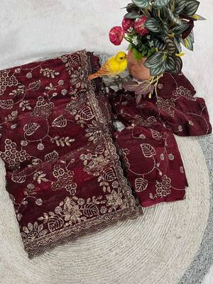 Maroon satin embroidered sequins work heavy look ethnic saree with blouse 1