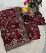 Maroon satin embroidered sequins work heavy look ethnic saree with blouse