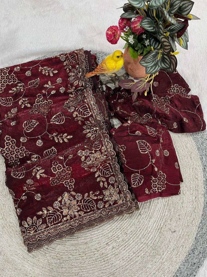 Maroon satin embroidered sequins work heavy look ethnic saree with blouse