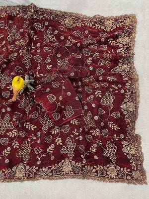 Maroon satin embroidered sequins work heavy look ethnic saree with blouse 2