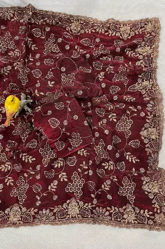 Maroon satin embroidered sequins work heavy look ethnic saree with blouse