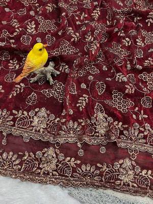 Maroon satin embroidered sequins work heavy look ethnic saree with blouse 3