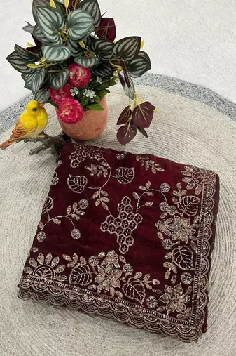 Maroon satin embroidered sequins work heavy look ethnic saree with blouse