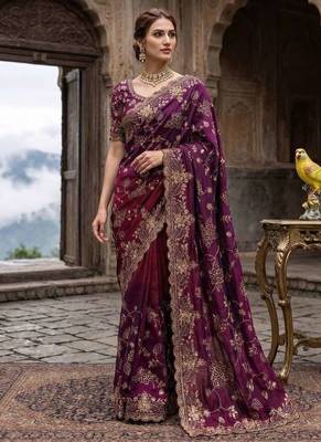 Purple satin embroidered sequins work heavy look ethnic saree with blouse 1