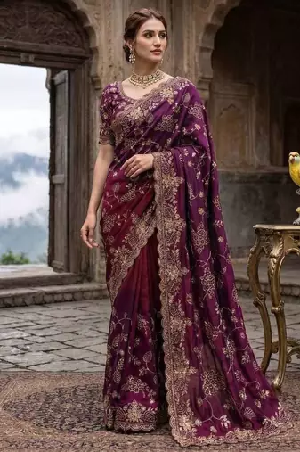 Purple satin embroidered sequins work heavy look ethnic saree with blouse