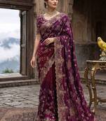Purple satin embroidered sequins work heavy look ethnic saree with blouse