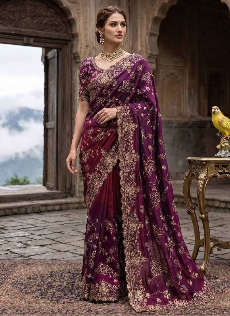 Purple satin embroidered sequins work heavy look ethnic saree with blouse