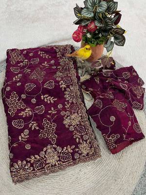 Purple satin embroidered sequins work heavy look ethnic saree with blouse 2