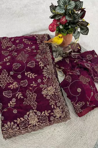 Purple satin embroidered sequins work heavy look ethnic saree with blouse