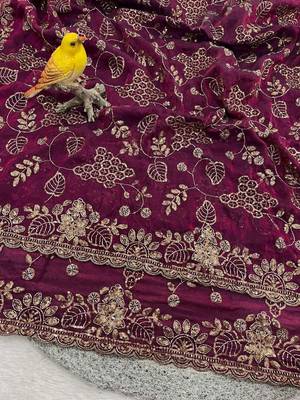 Purple satin embroidered sequins work heavy look ethnic saree with blouse 4