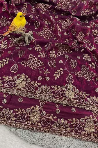 Purple satin embroidered sequins work heavy look ethnic saree with blouse
