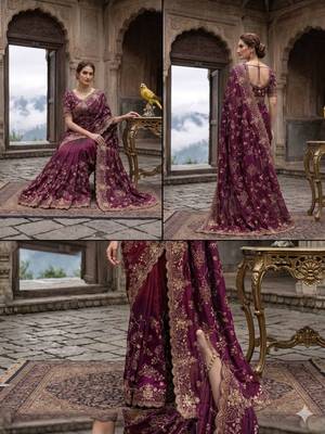 Purple satin embroidered sequins work heavy look ethnic saree with blouse 5