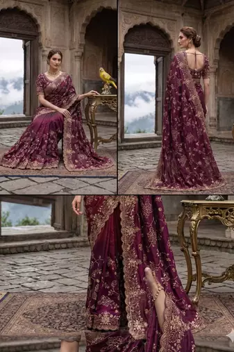Purple satin embroidered sequins work heavy look ethnic saree with blouse