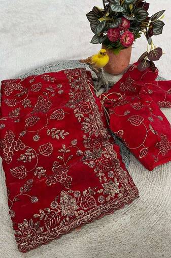 Red satin embroidered sequins work heavy look ethnic saree with blouse