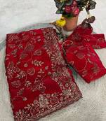 Red satin embroidered sequins work heavy look ethnic saree with blouse