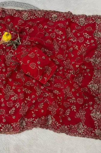 Red satin embroidered sequins work heavy look ethnic saree with blouse
