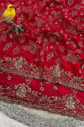 Red satin embroidered sequins work heavy look ethnic saree with blouse