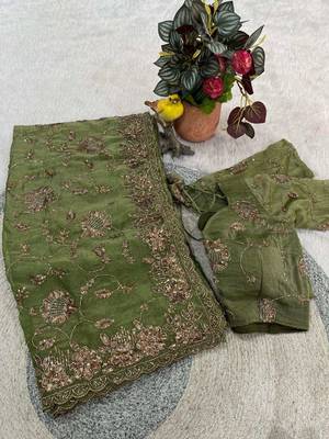Green satin embroidered sequins work heavy look ethnic saree with blouse 1