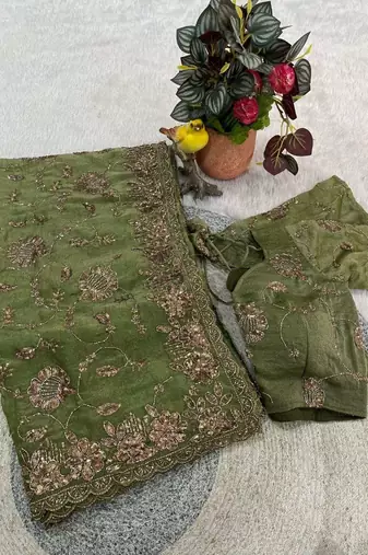 Green satin embroidered sequins work heavy look ethnic saree with blouse