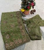 Green satin embroidered sequins work heavy look ethnic saree with blouse