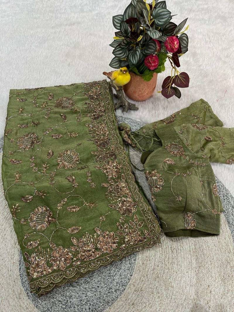 Green satin embroidered sequins work heavy look ethnic saree with blouse
