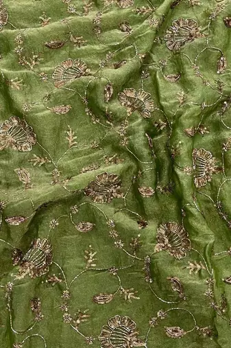 Green satin embroidered sequins work heavy look ethnic saree with blouse