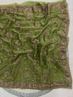 Green satin embroidered sequins work heavy look ethnic saree with blouse 3