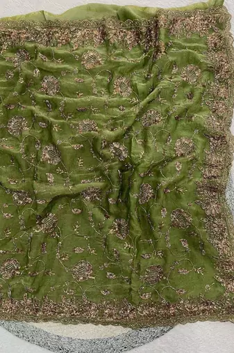 Green satin embroidered sequins work heavy look ethnic saree with blouse
