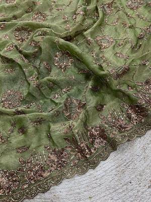 Green satin embroidered sequins work heavy look ethnic saree with blouse 4