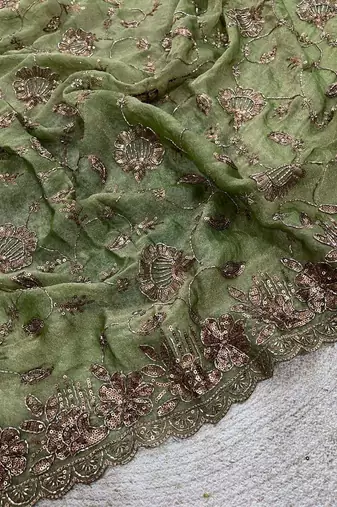 Green satin embroidered sequins work heavy look ethnic saree with blouse