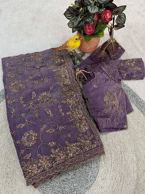 Purple satin embroidered sequins work heavy look ethnic saree with blouse 1
