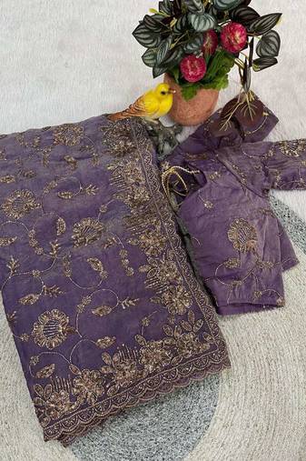 Purple satin embroidered sequins work heavy look ethnic saree with blouse