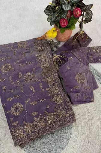 Purple satin embroidered sequins work heavy look ethnic saree with blouse