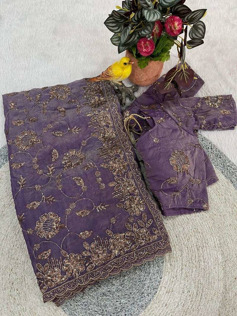 Purple satin embroidered sequins work heavy look ethnic saree with blouse