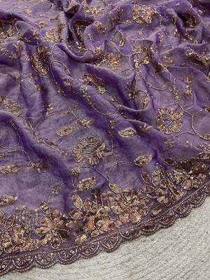 Purple satin embroidered sequins work heavy look ethnic saree with blouse 3