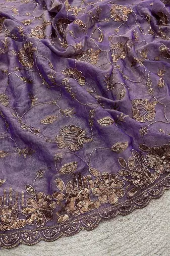 Purple satin embroidered sequins work heavy look ethnic saree with blouse