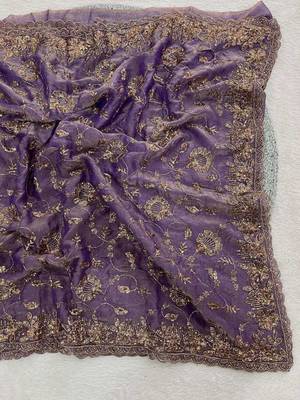 Purple satin embroidered sequins work heavy look ethnic saree with blouse 4