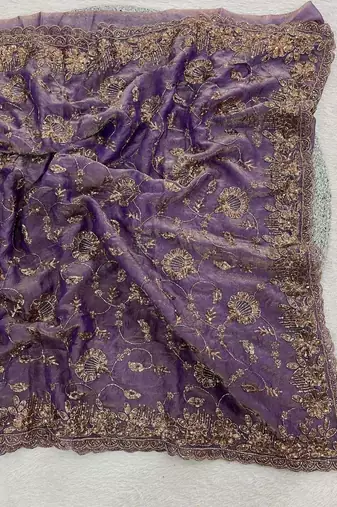 Purple satin embroidered sequins work heavy look ethnic saree with blouse