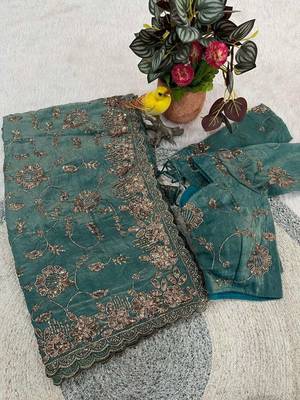 Teal satin embroidered sequins work heavy look ethnic saree with blouse 1