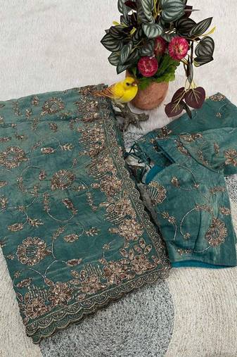 Teal satin embroidered sequins work heavy look ethnic saree with blouse