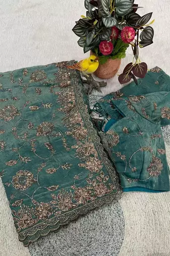 Teal satin embroidered sequins work heavy look ethnic saree with blouse