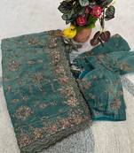 Teal satin embroidered sequins work heavy look ethnic saree with blouse